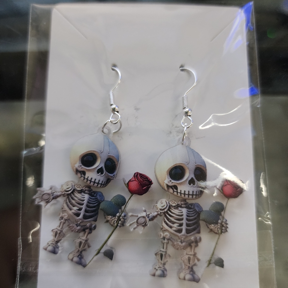 Skeleton Earrings with Red Rose